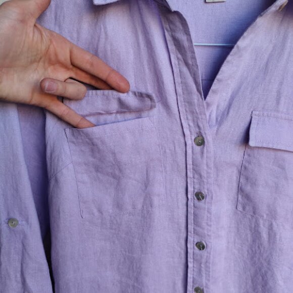 MAGASCHONI NWOT Lavender Linen Button Front Belted Roll Sleeve Shirt Dress S/P - Picture 7 of 13